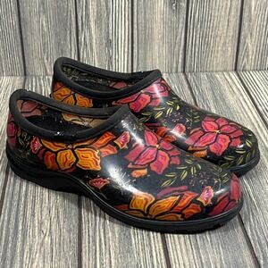 Sloggers Garden Shoes Women Sz 10 Black Floral Waterproof Slip On Comfort Clogs